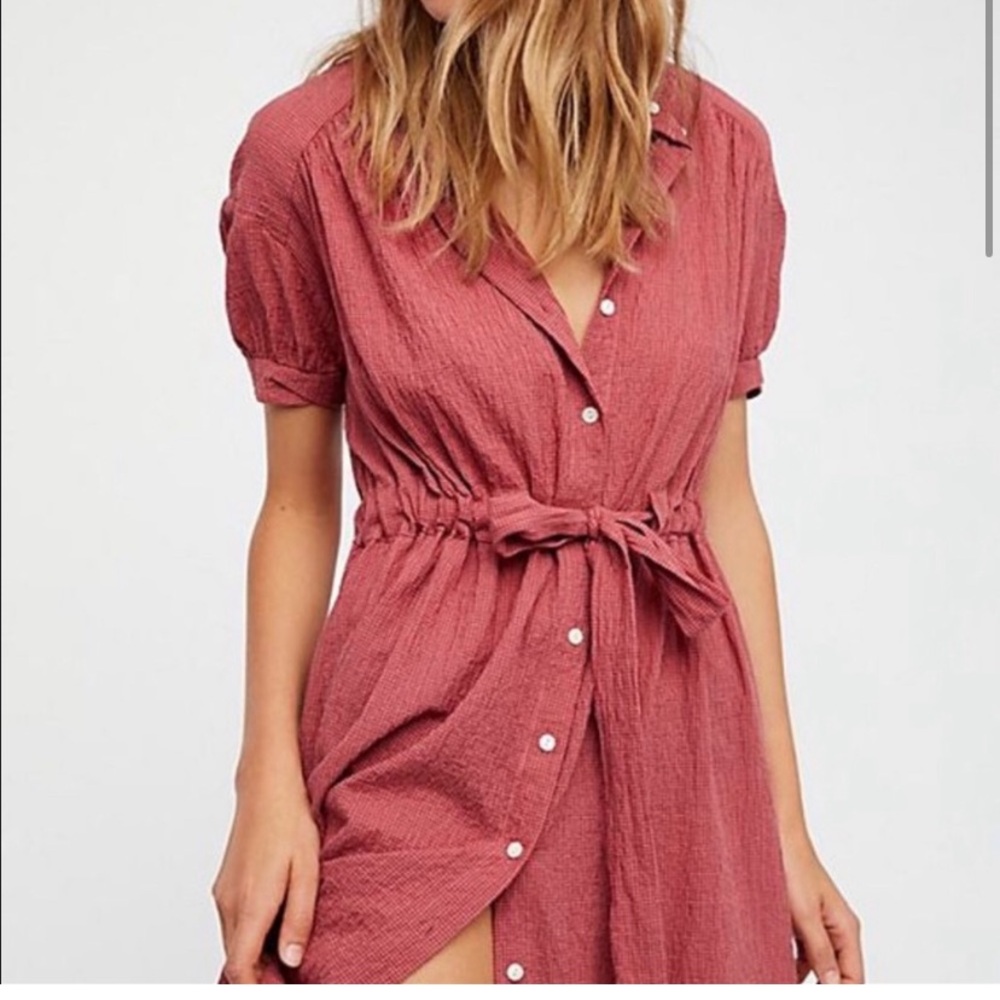 Free People Retro Romance Maxi Dress Red Gauze Button Front Tie Waist Size Small